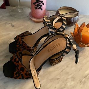 Schutz Quiteria Leopard Platform Sandals High Block Heel Pumps!